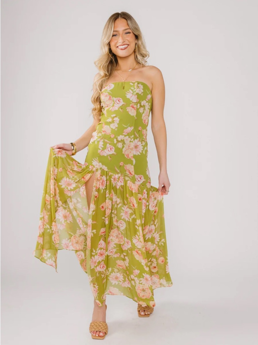 Green Floral Strapless Maxi Dress with Pink Florals